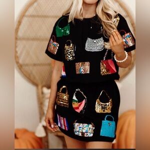 Stylish Black Skirt with Colorful Bag Prints